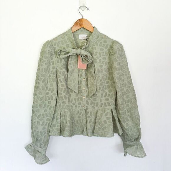 Anthropologie Champagne and Strawberry Sage Green Floral Textured Jacquard Linen - Picture 1 of 11
